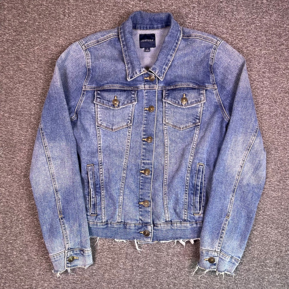 Just USA Denim Jacket Juniors L Blue Distress Frayed Hem‎ Button Pocket 37"Chest